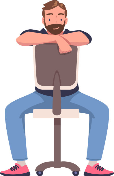 年轻的微笑胡子坐在办公室的椅子上图片下载