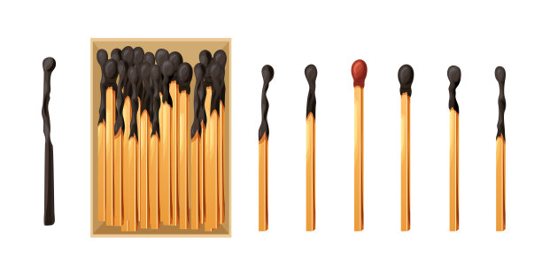 火柴盒和燃烧棒。一套带硫磺头的火柴棍，从点火到熄灭。卡通火花篝火矢量插图图片下载