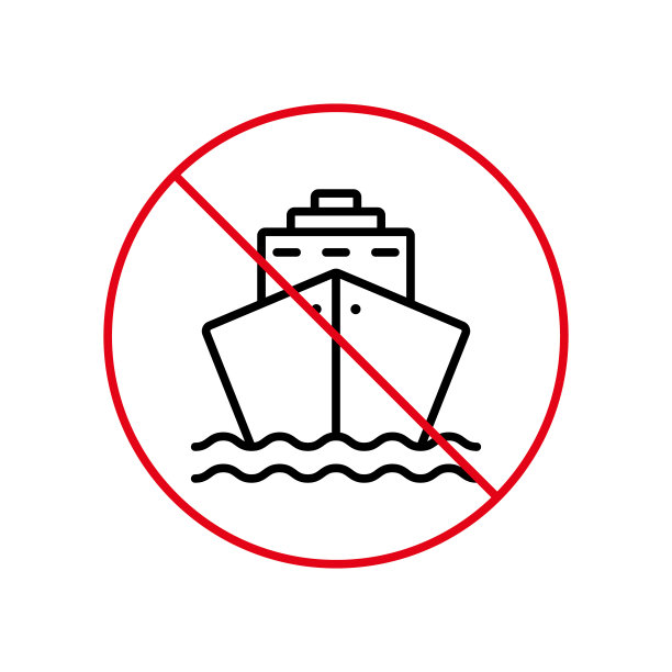 邮轮黑线禁令图标。船舶集装箱禁区轮廓象形图。海上红色停止标志。非法区域船舶船舶标志。海洋运输禁止。孤立的矢量图图片下载