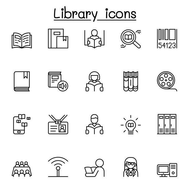 库图标设置在细线风格图片下载