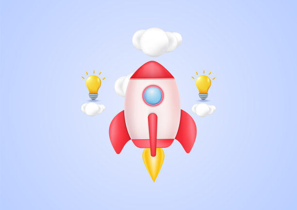 3d火箭与云和灯。概念创业。柔和的背景。最小的卡通图标。图片下载