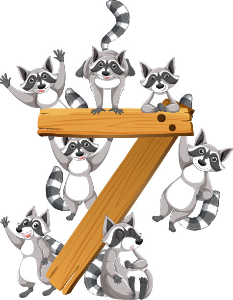 七只浣熊依附在数字7上图片下载