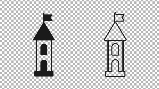 黑色城堡塔楼图标孤立在透明上图片下载