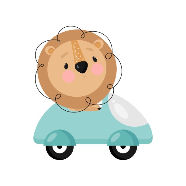 可爱的狮子在汽车卡通风格图片下载