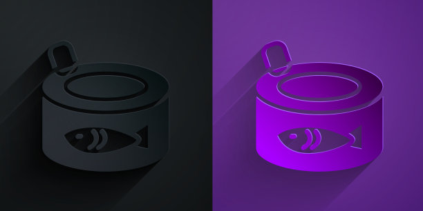 剪纸鱼罐头图标孤立在黑色上图片下载