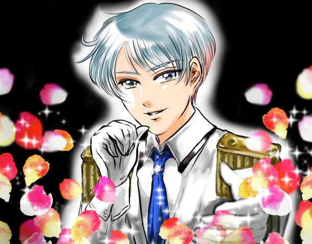 寿寿漫画风格的彩色插图，英俊的偶像银发穿着王子风格的燕尾服伸手到风扇，玫瑰园背景。图片下载