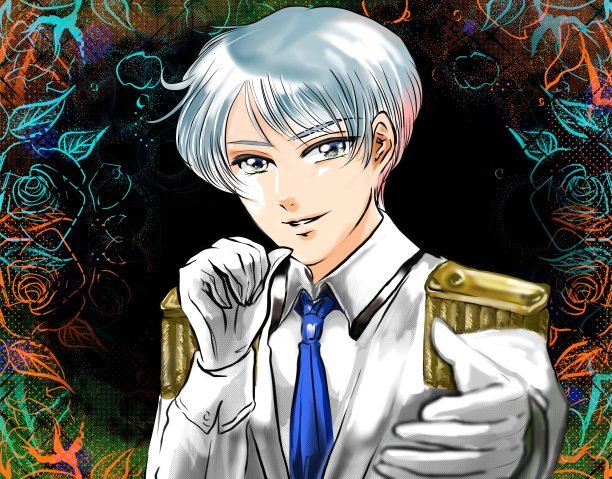 寿寿漫画风格的彩色插图，英俊的偶像银发穿着王子风格的燕尾服伸手到风扇，玫瑰园背景。图片下载