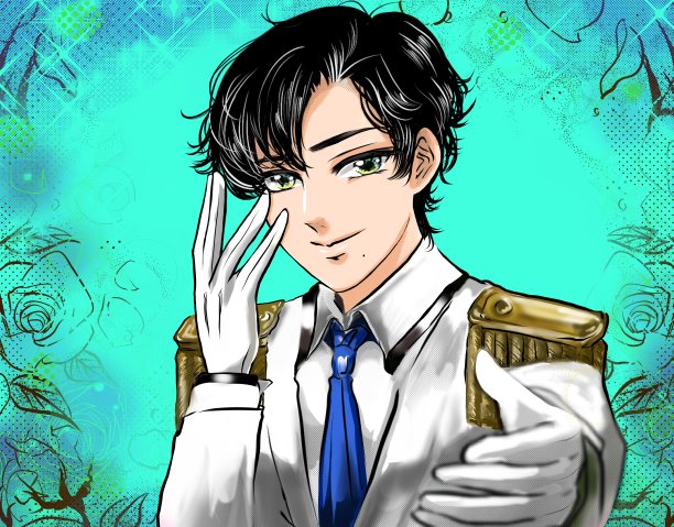 卡通风格的彩色插图，一个偶像英俊的黑色烫发，穿着王子般的白色燕尾服，伸手拿扇子，白色羽毛在背景中跳舞。图片下载