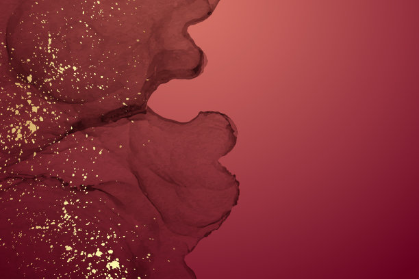 水彩背景与抽象的红色墨水波和金色的飞溅。图片下载