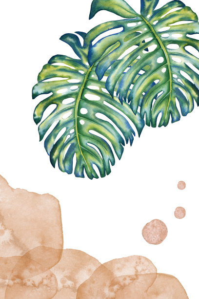 植物水彩艺术与抽象元素在米色和绿色色调。创造性的手绘纹理与墙壁组成的棕榈树树枝和树叶。放荡不羁的室内艺术。沙子和棕榈图片下载