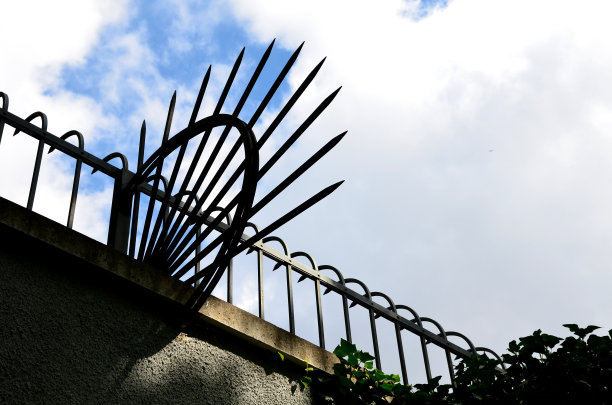 用带有弯曲尖头的锻造铁条做成的栅栏。军队守卫着基地和大使馆，加强了保护措施，以抵御内部包围。栅栏上的黑色栅栏带着危险图片下载