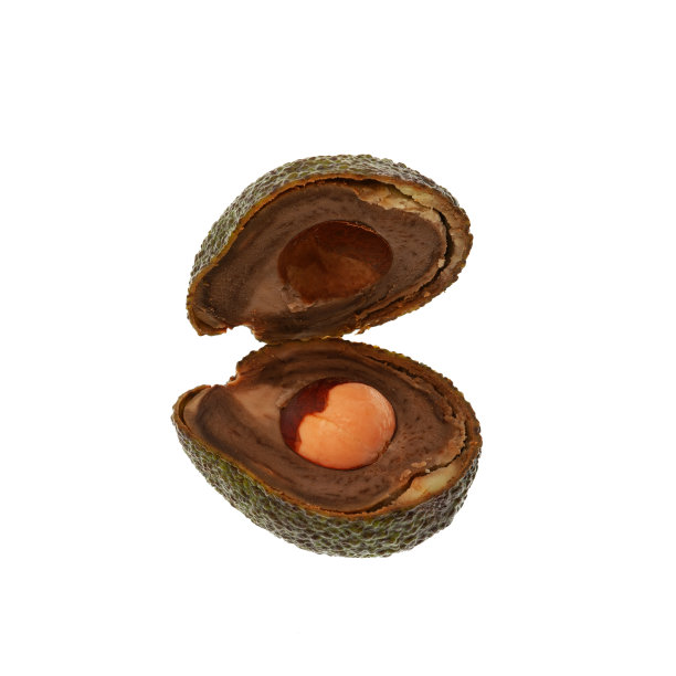 腐烂变质的牛油果在白色的背景下看起来像一个带珍珠的双壳软体动物的壳。有趣的概念-食物储存不当。减少有机废物。设计元素图片下载