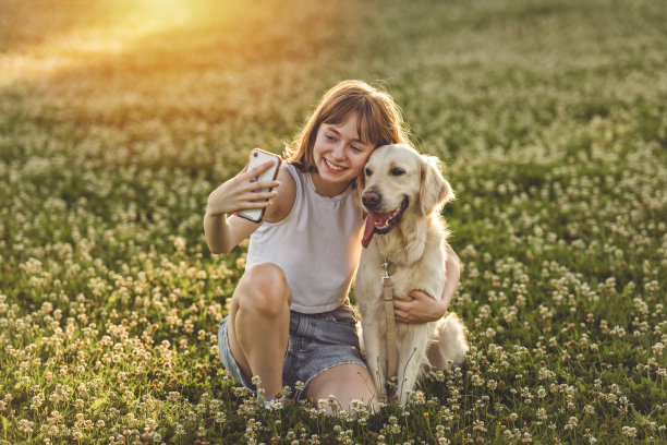 十几岁的女孩在夕阳下自拍抚摸金毛猎犬的肖像图片下载