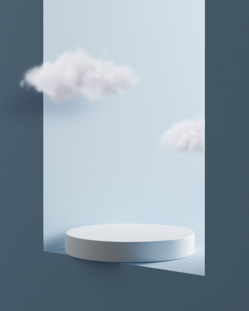 白色圆角台座平台，蓝色窗口中有云，天空中有产品展示平台，几何图形的3d渲染工作室，化妆品最小场景平台，展台展示产品背景图片下载