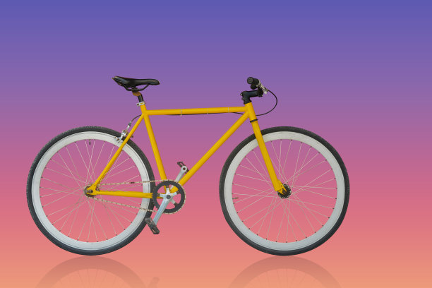 侧视图旧黄色和黑色自行车上的梯度紫色和粉红色的背景，对象，时尚，运动，放松，拷贝空间图片下载