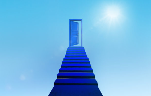 蓝色的台阶和蓝色的门通向蓝色的天空图片下载