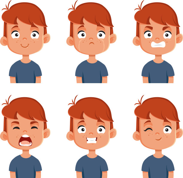 男孩表达不同的面部情绪向量卡通人物图片下载