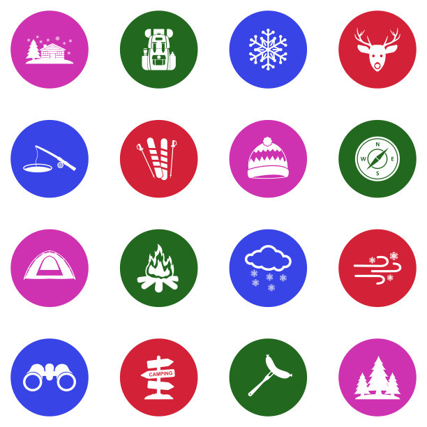 冬季夏令营图标。圆形白色平面设计。矢量插图。图片下载