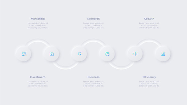 Neumorphic信息图时间轴设计模板。具有6个选项的业务数据可视化。开发过程的概念。图片下载