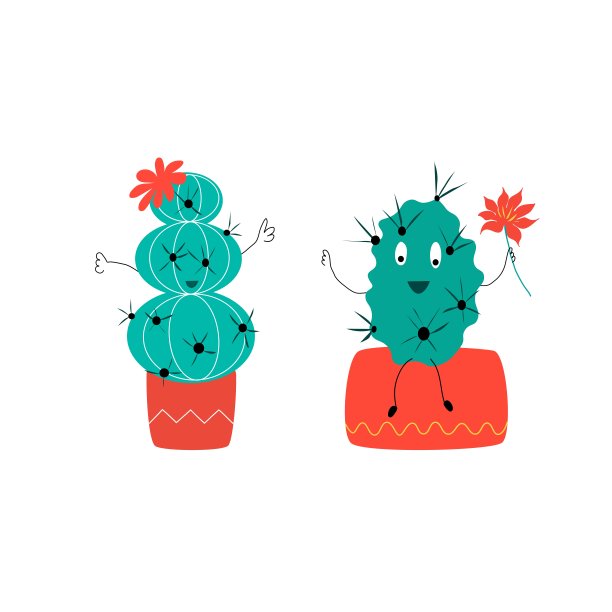 卡通可爱的仙人掌和花在红色的花盆图片下载