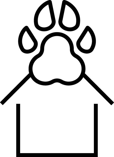 建筑物:作为设施或设施的建筑物轮廓单色标志在平面风格。适用于商场、广告、物品、书籍等。狗的爪子在房子上方的线条图标图片下载