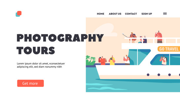 摄影旅游登陆页面模板。夏季航海客轮之旅。邮轮甲板上的人们图片下载