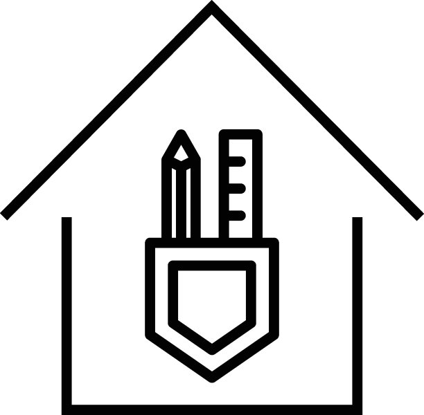 机构或设施建筑单色轮廓标志，扁平风格，适用于商店、广告、文章、书籍等，房屋内的衬线和铅笔线性图标图片下载
