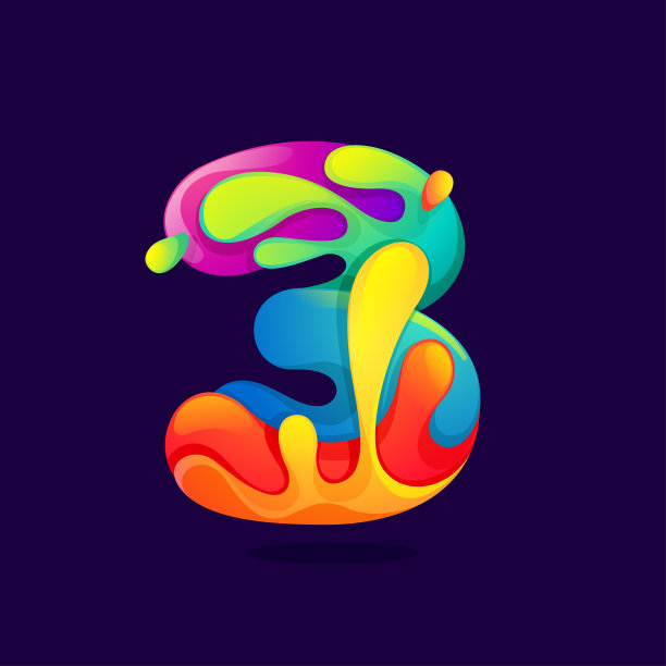 三号标志有果汁飞溅，波浪和水滴。带有辉光和渐变的多色图标。图片下载