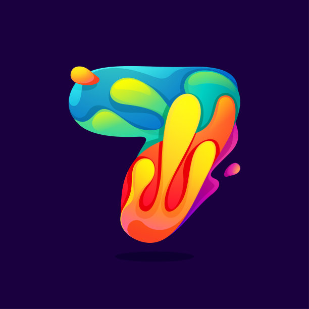 7号标志有果汁飞溅，波浪和水滴。带有辉光和渐变的多色图标。图片下载