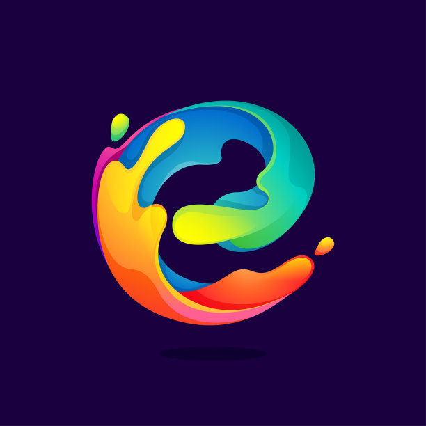 E字母标志果汁飞溅，波浪，和下降。带有辉光和渐变的多色图标。图片下载