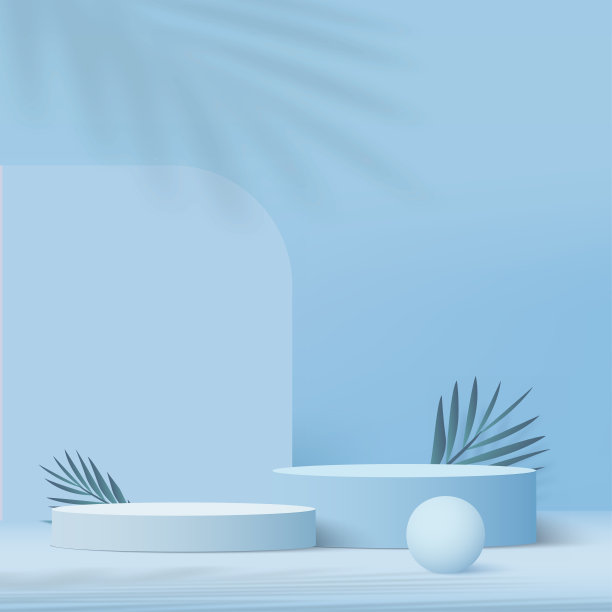 3d蓝色讲台和最小的蓝色墙壁场景。3d平台最小抽象背景。向量图片下载