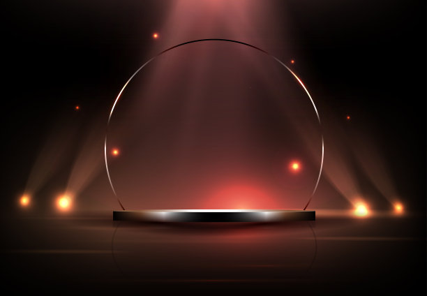 一个带有圆形舞台的细长拱门，一束明亮的光照射在一个黑色的图案上图片下载