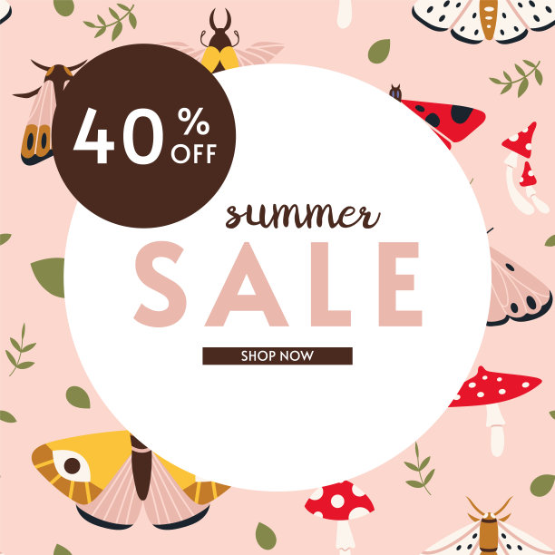 夏季销售四折横幅模板，卡通风格。网页或社交媒体，广告，传单和传单的折扣促销布局海报。时髦的矢量插图，手绘，平面。图片下载