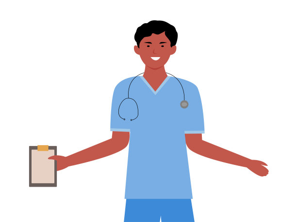 一名身穿医疗制服的黑人年轻医生的肖像，手里拿着听诊器和一个文件夹。卡通平面向量。图片下载