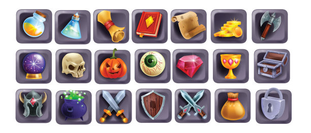 3D游戏图标集，魔法UI徽章工具包，老虎机卡通元素，金币，女巫药水，书。图片下载