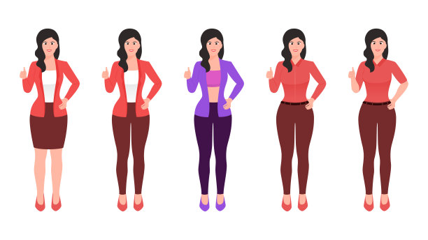 女孩竖起大拇指的姿势，另一只手放在腰上，平面人物矢量插图集图片下载