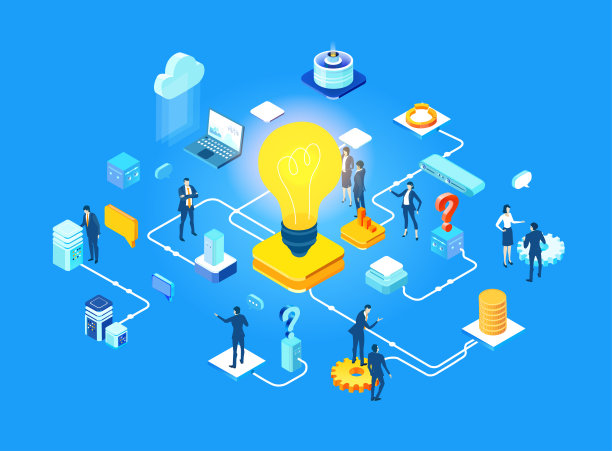 三维商务概念环境，商务人士在大灯泡周围的服务器机房工作。技术、大数据、计算、人工智能、编写应用概念图片下载