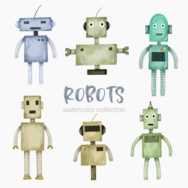 未来主义水彩卡通人形机器人设置的贴纸和表情符号的化身。图片下载