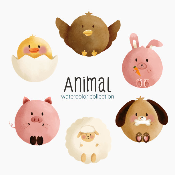 水彩卡通动物设置的贴纸和表情符号的热带和森林字符图片下载