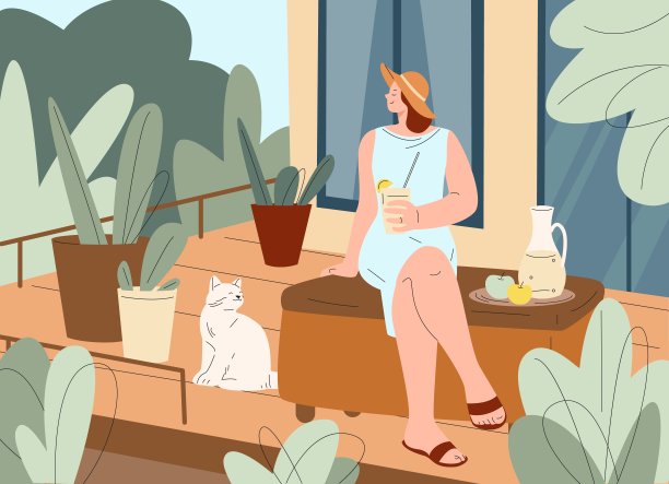 阳台上的女人放松。阳台避暑休息，慢生活带猫和饮料。女性在温室门廊享受生活，后院或花园踢矢量场景图片下载