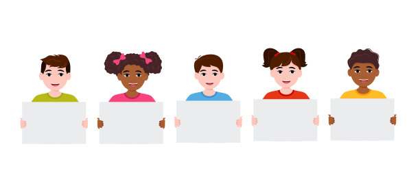 孩子们拿着空白的黑板。孩子们举起了海报。节日,庆典,节日。准备好你的留言了。空间的文本。有趣的卡通人物。孤立在白色背景上图片下载
