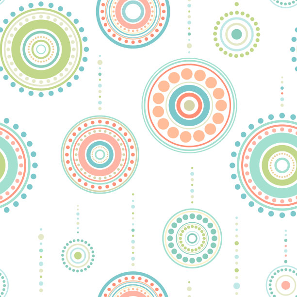 无缝民族图案的蓝色，橙色和绿色的圆圈和球。万花筒点缀。曼荼罗墙纸。假日玩具打印。圣诞灯的背景图片下载