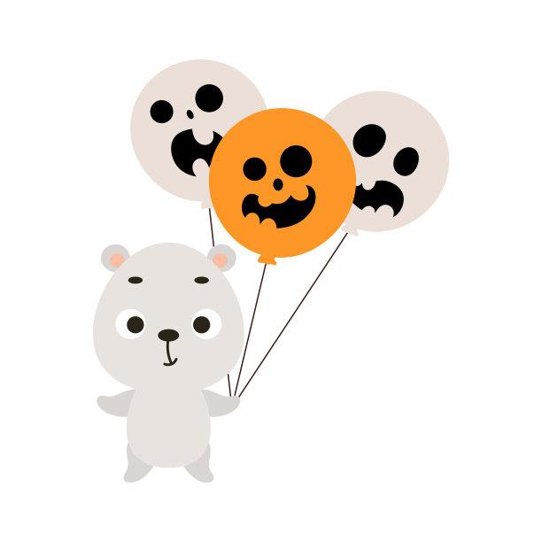 拿着万圣节气球的可爱的小北极熊。卡通动物形象的儿童t恤，幼儿园装饰，婴儿淋浴，贺卡，邀请。向量股票插图图片下载