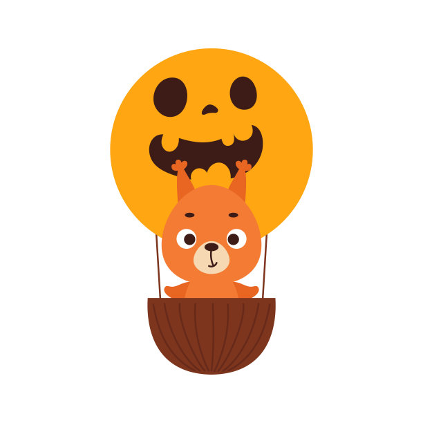 可爱的小松鼠在万圣节热气球上飞翔。卡通动物形象的儿童t恤，幼儿园装饰，婴儿淋浴，贺卡，邀请。向量股票插图图片下载