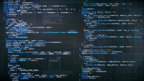 多色编程语言源代码设计实例。前视图组成，在深蓝色的表面与三角形网格图案叠加和GUI。图片下载