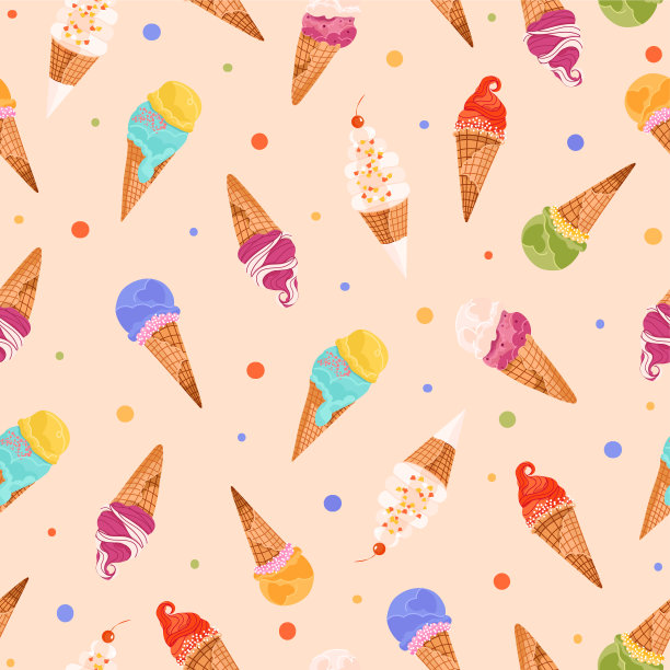 可爱的冰淇淋华夫蛋筒矢量无缝模式。夏季冷冻甜点插图或网页，网站，广告，横幅，海报，板和印刷图片下载