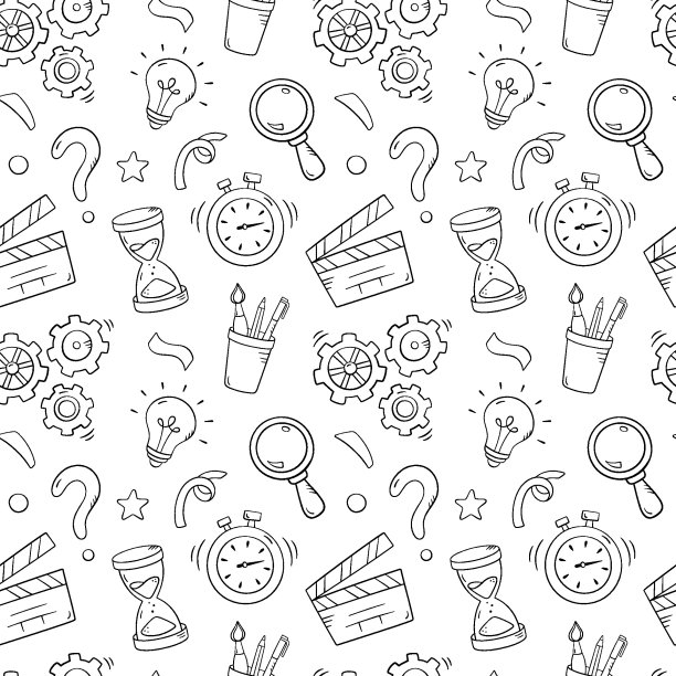测试无缝图案的涂鸦风格，矢量插图。回到学校概念，文具符号白底。手绘图案供印刷及游戏测试图片下载