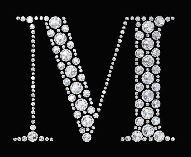 字母“M”与钻石隔离在黑色背景。钻石的字体。图片下载