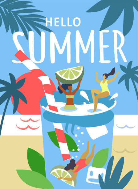 夏天一群女人在巨大的鸡尾酒里玩得很开心素材图片