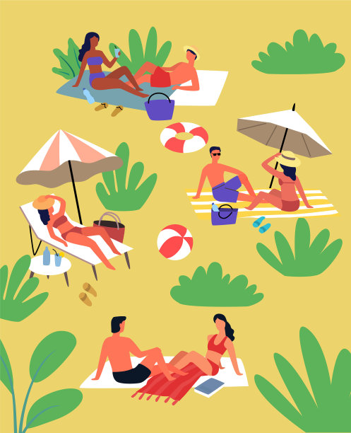 夏天的人们在沙滩上享受阳光图片下载